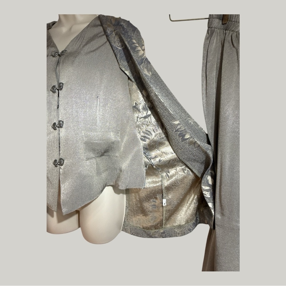 Vintage 2 PC Satin Feel Pants Suit Jacket Vest Combo Pewter Color Floral 10P - Picture 4 of 11